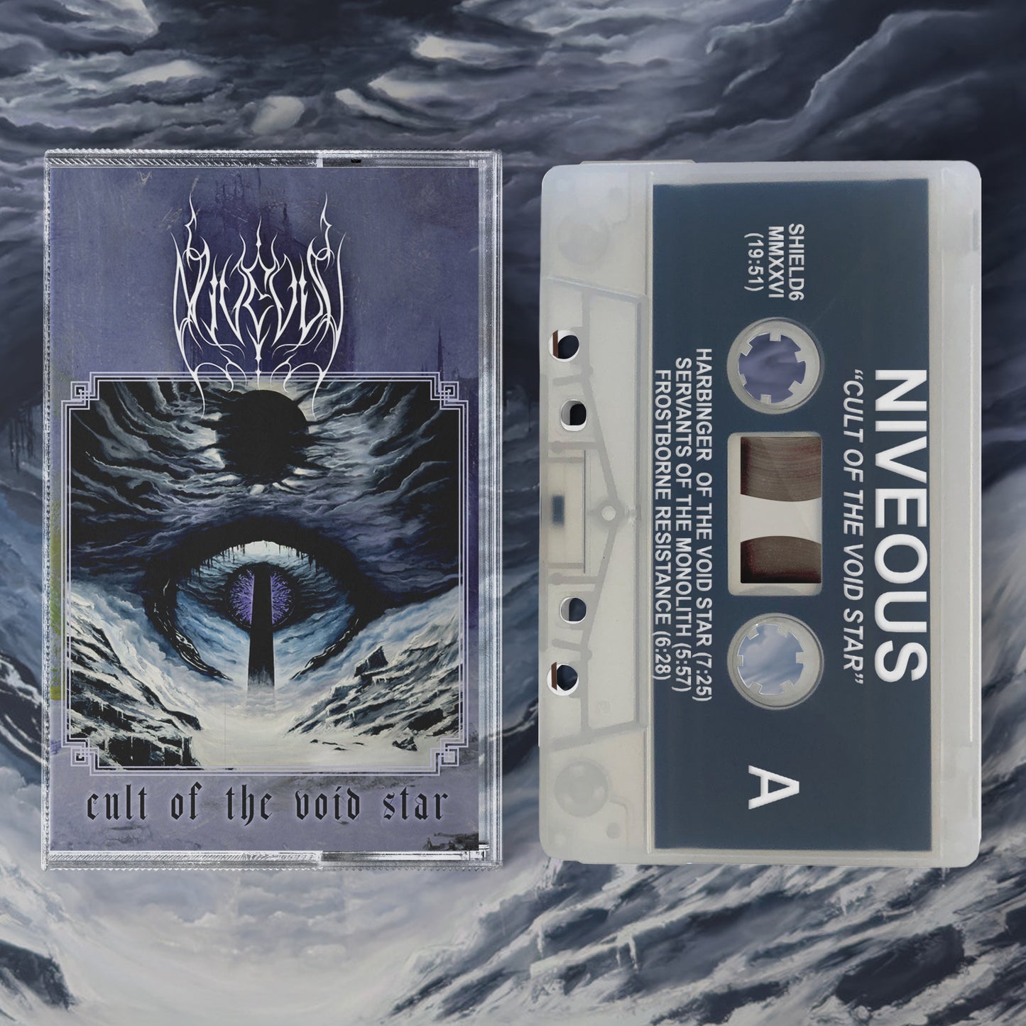 cassette tape mockup of Niveous with frost colored shell and white printing.