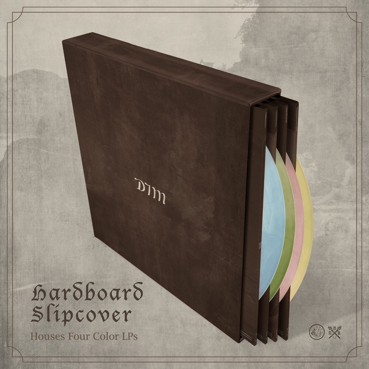 Mockup of DIM Compendium boxset, heavy duty slipcase with 4 LPs in their own jackets