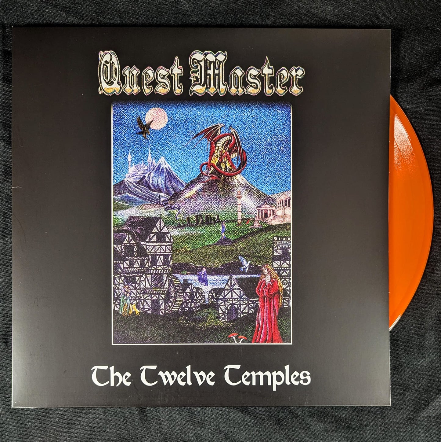 Vinyl LP record of 'Quest Master - The Twelve Temples' with album cover art featuring fantasy temples and a dragon, available in orange vinyl color.