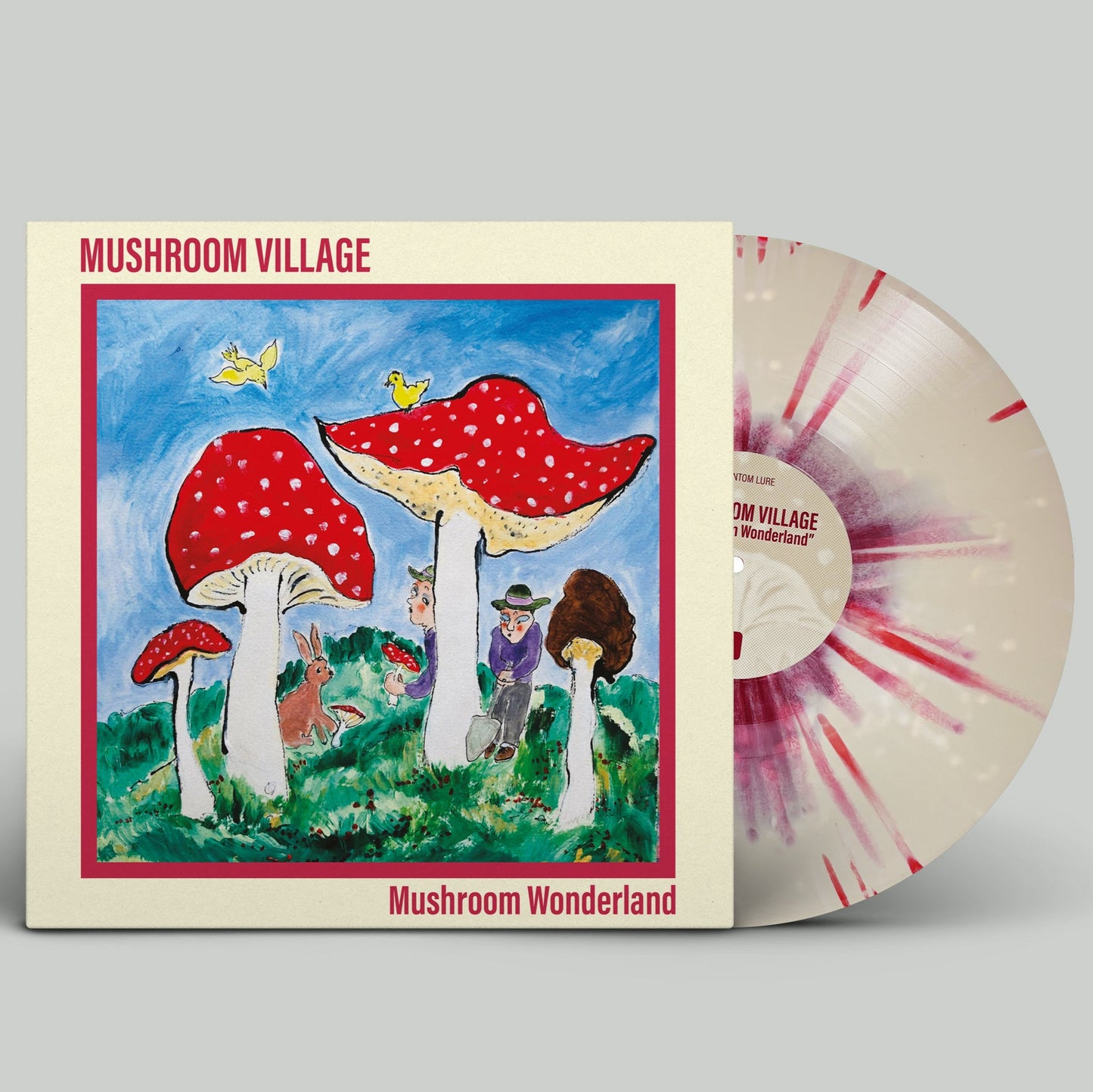MUSHROOM VILLAGE "Mushroom Wonderland" Vinyl LP, white vinyl with red splatter, and printed record jacket
