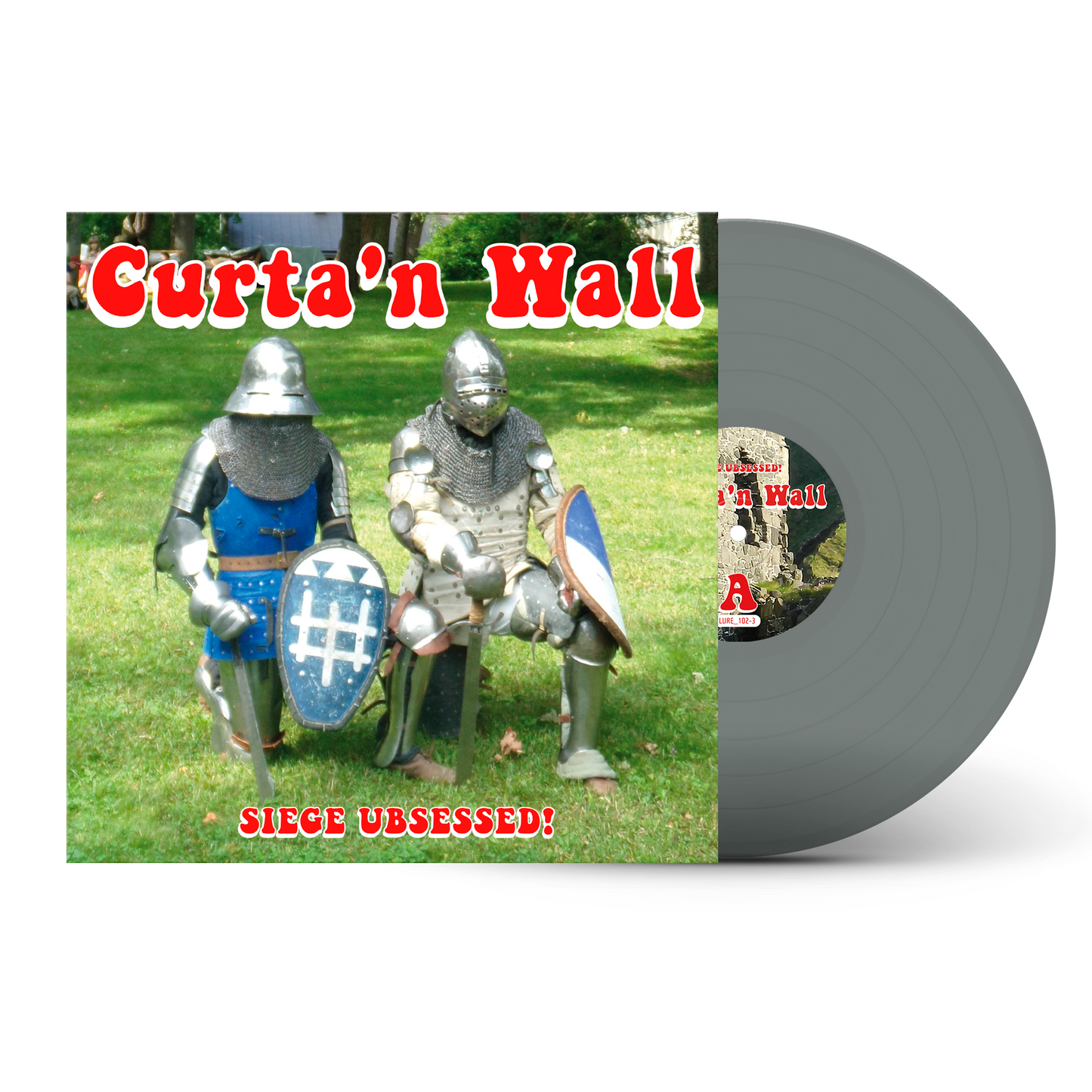 Vinyl record with two people in medieval armor on a grassy background, featuring the text 'Curta'n Wall'.