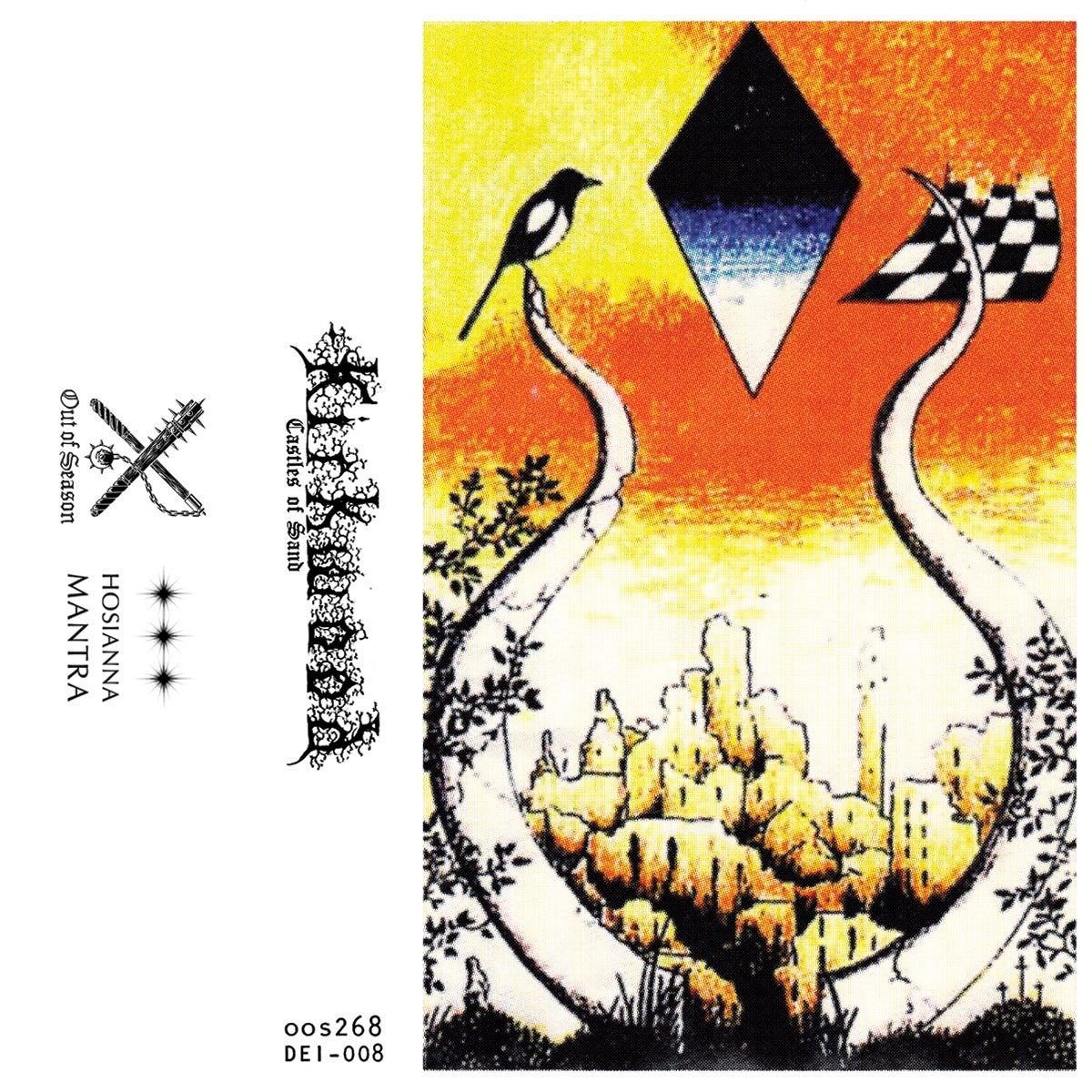 Album cover with cranes, a bird, and geometric shapes against a sunset sky.