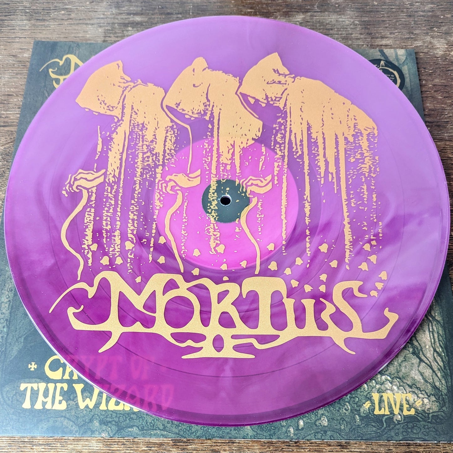 MORTIIS "Crypt of the Wizard (Live)" Deluxe 2xLP vinyl, gold print on printed gatefold record jacket, pink vinyl color, silkscreen print on D-side of record