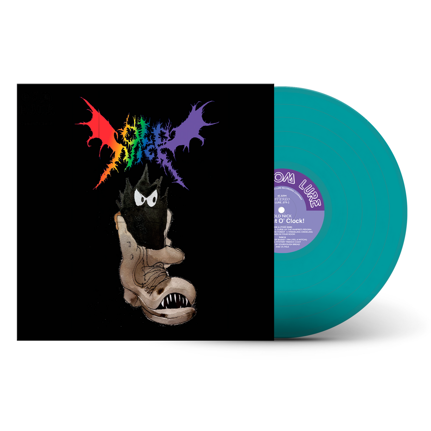Vinyl record with a colorful cover featuring a creature's face on a white background