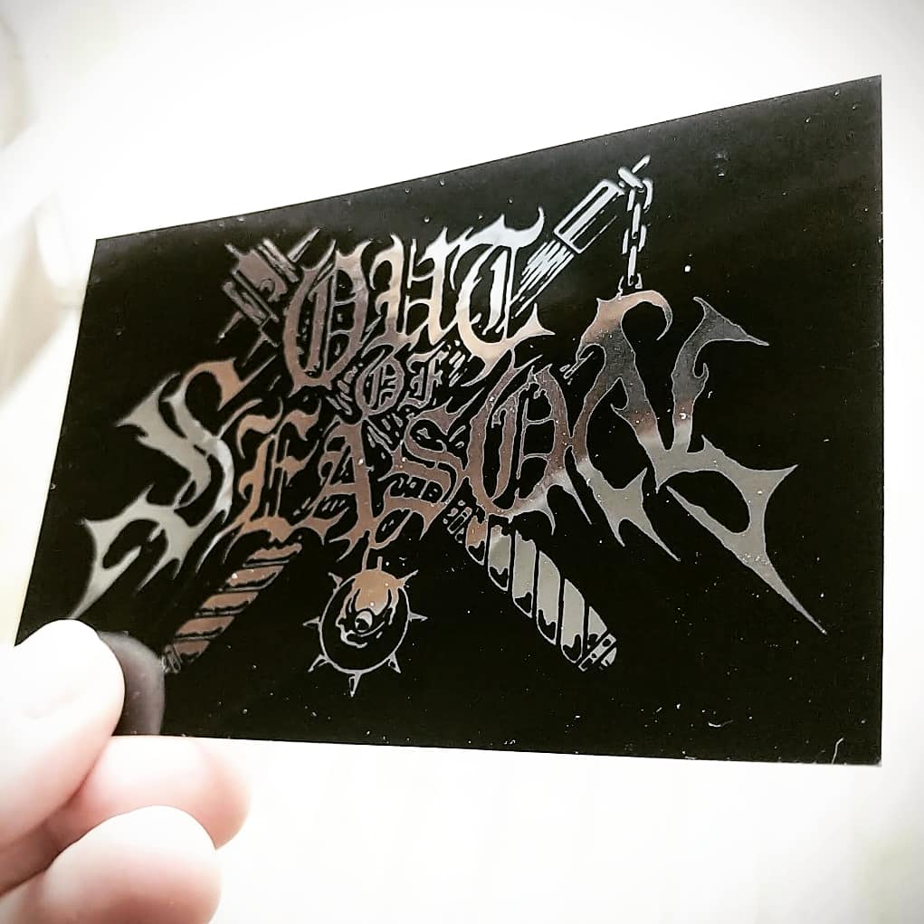 OUT OF SEASON "Chrome Logo" Stickers, evil font with weapons logo