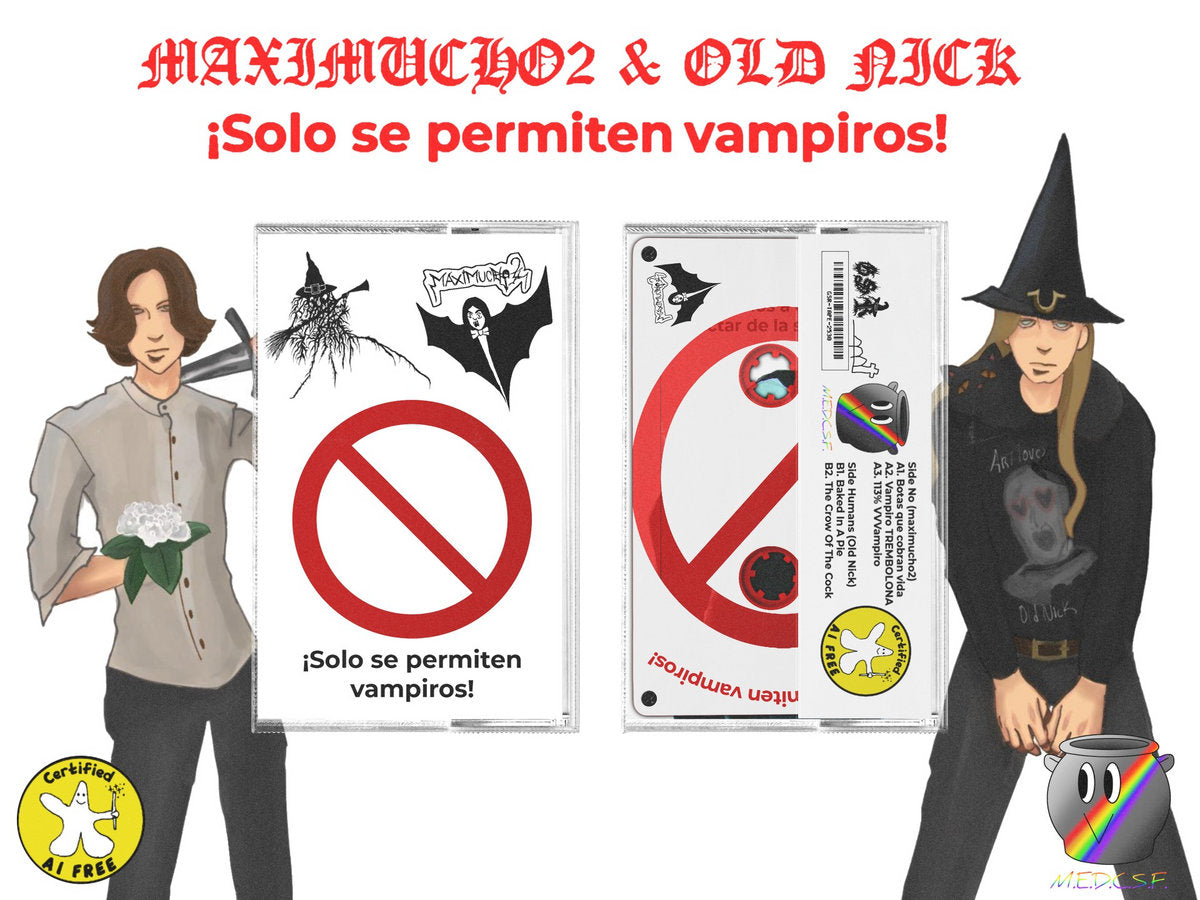 Mockup of cassette with jewel case and j-card, with illustration of both artists featured on the cassette.