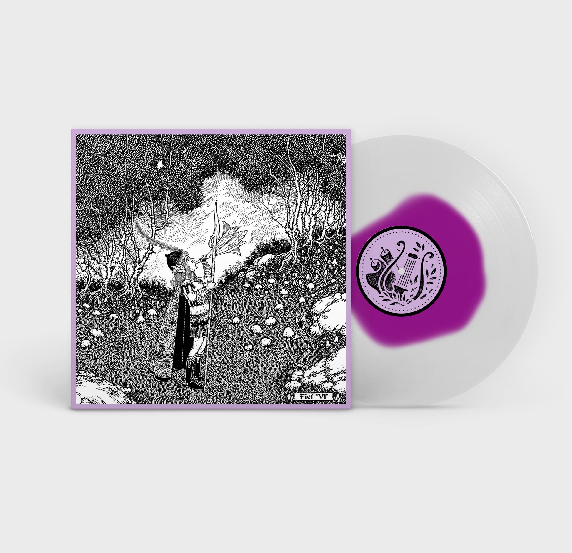 FIEF "VI" vinyl LP, product mockup. White/purple blob' color vinyl, with printed record jacket