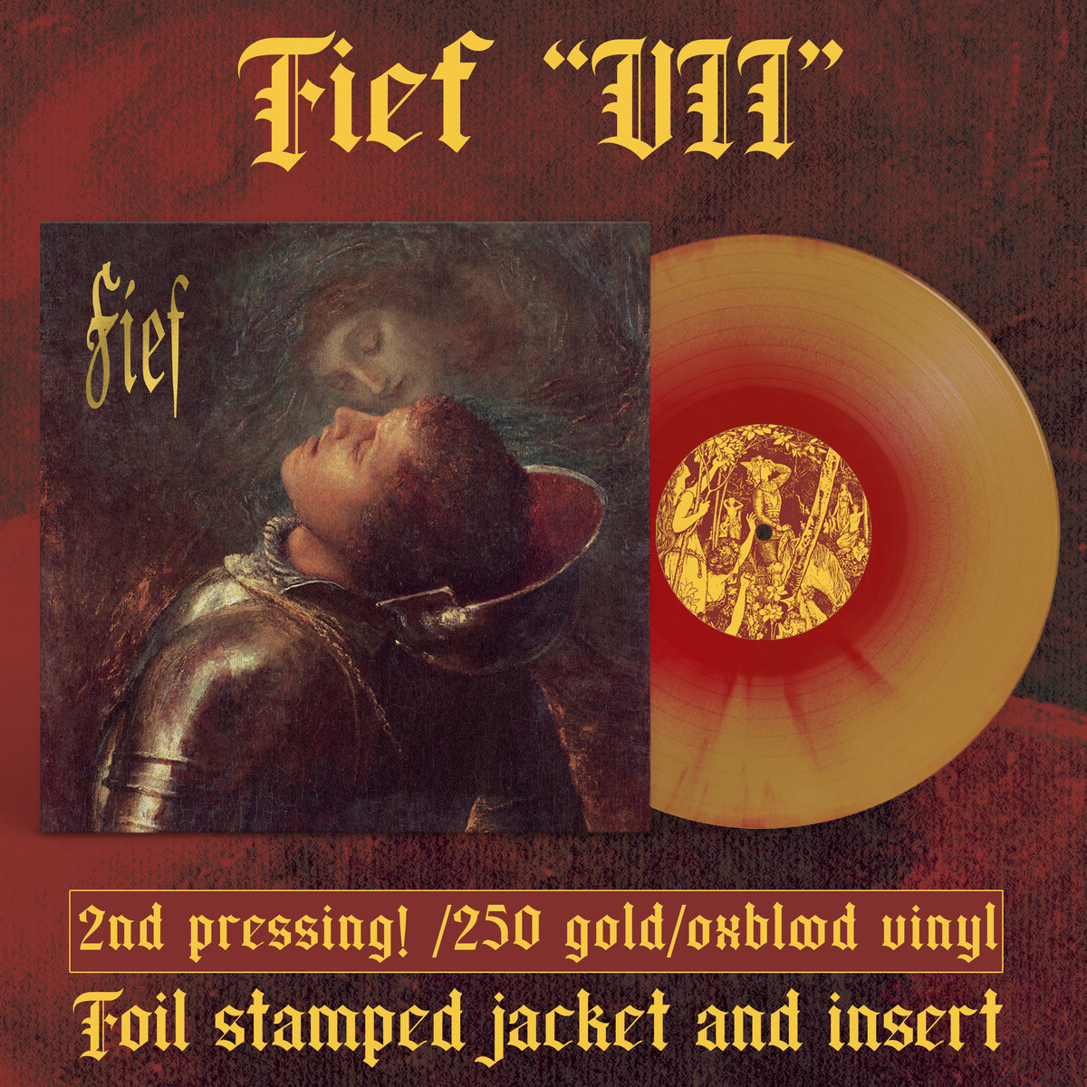 vinyl record mockup of Fief VII album in gold/red color
