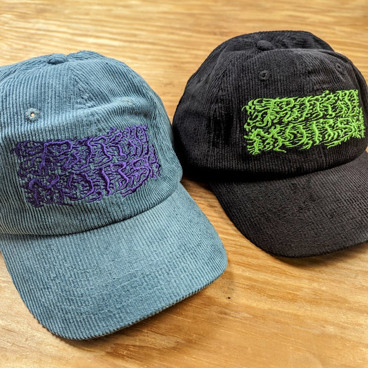 PUTRID MARSH "Music For Maniacs" Embroidered Corduroy Dad Hat, 2 hats, one blue with purple logo, one black with slime green logo