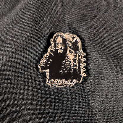 Metal enamel pin, silver metal with black detail.