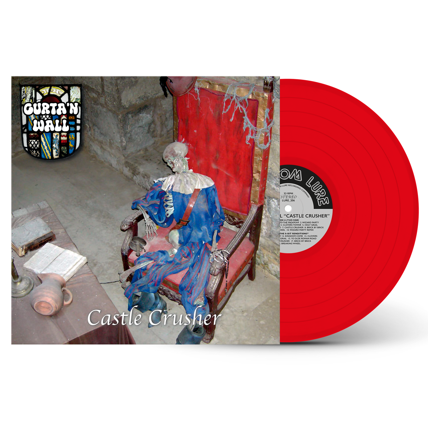 Red and white vinyl record with a person in a blue dress sitting on a chair, labeled 'Castle Crusher'.