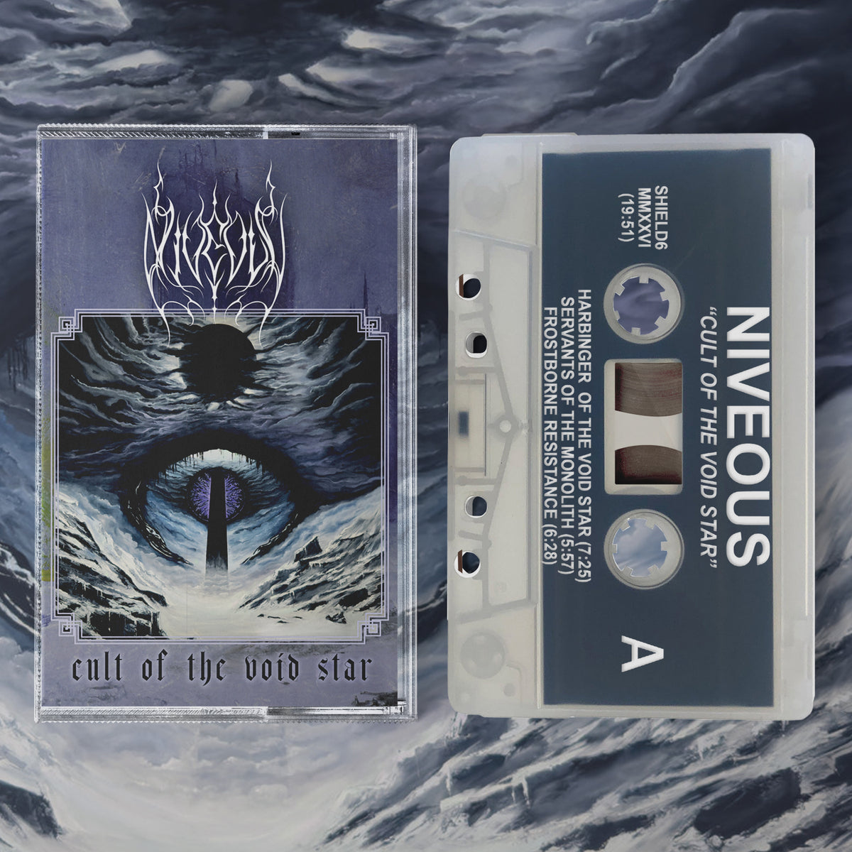 cassette tape mockup of Niveous with frost colored shell and white printing.