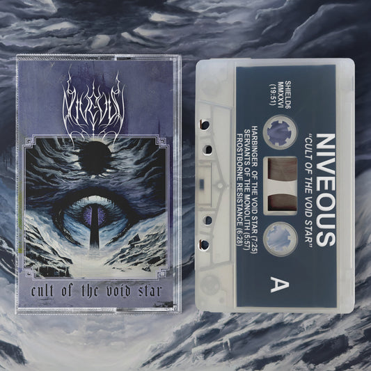 cassette tape mockup of Niveous with frost colored shell and white printing.
