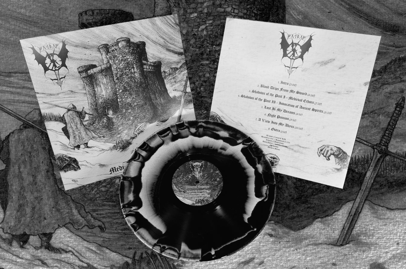 Gothmog Medieval Journeys vinyl LP, black and white swirl color vinyl, with printed record jacket