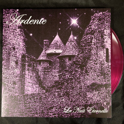 Vinyl record with a castle design and 'Ardente' text on a black background