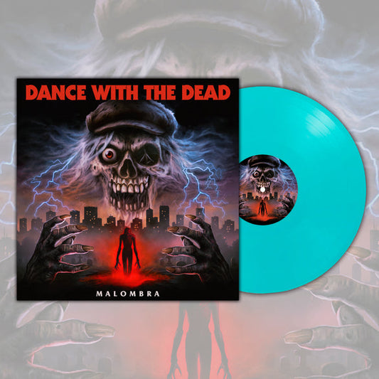 Vinyl record album cover and a translucent aqua blue record partially visible behind it, with the title 'DANCE WITH THE DEAD' and artist name 'MALOMBRA' on the cover art featuring a skull, stormy sky, and red title text.