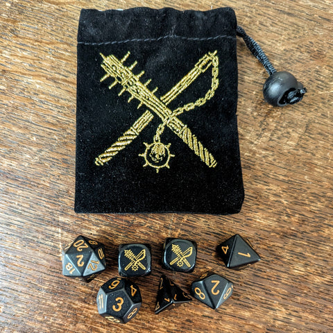 OUT OF SEASON 7x Dice Set with Embroidered Bag / Laser Engraved Logos [Black/Gold colorway]