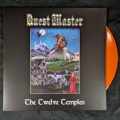 Vinyl LP record of 'Quest Master - The Twelve Temples' with album cover art featuring fantasy temples and a dragon, available in orange vinyl color.