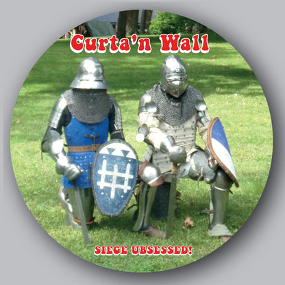 Two people in medieval armor standing on grass with 'Curta'n Wall' and 'Siege Obsessed!' text.