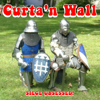 Two medieval-themed statues on a grassy field, representing characters from the band Curta'n Wall, with a text overlay that reads 'CURTA'N WALL | SIEGE UBSSED!'.