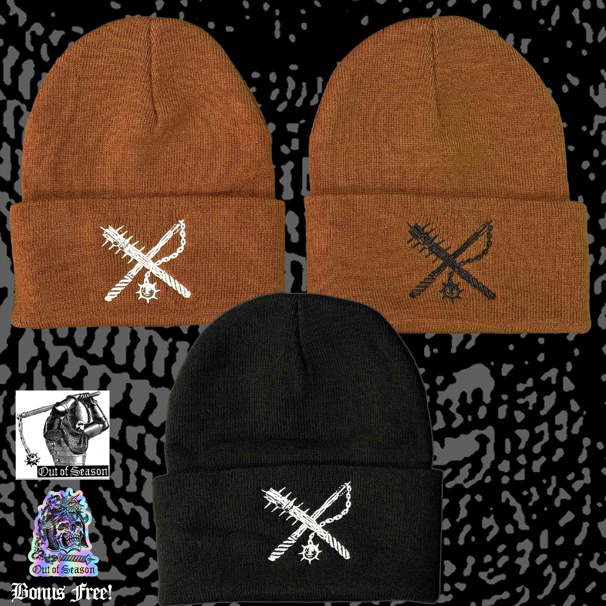 Three beanies in brown, black, and black with embroidered designs on a patterned background.