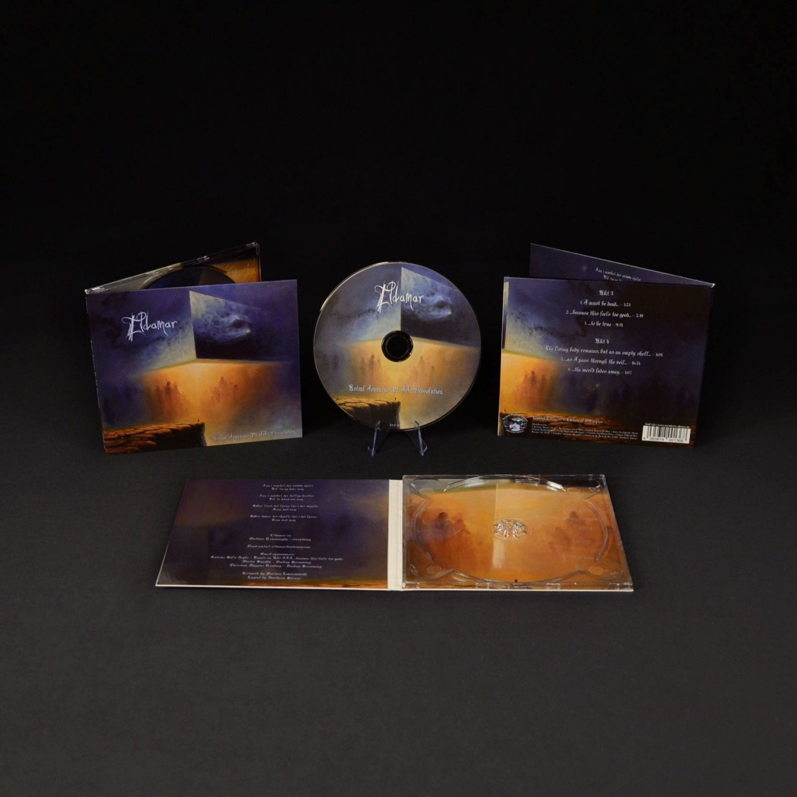 Photo of CD with 4-panel digipak, shown fully open, and at multiple angles