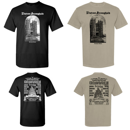 Two Tshirts from Distant Stronghold fest with front and back designs, on black and sandstone colors Ts