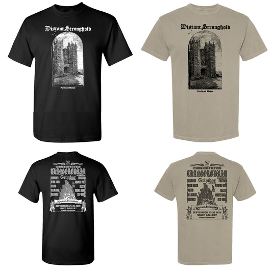 Two Tshirts from Distant Stronghold fest with front and back designs, on black and sandstone colors Ts