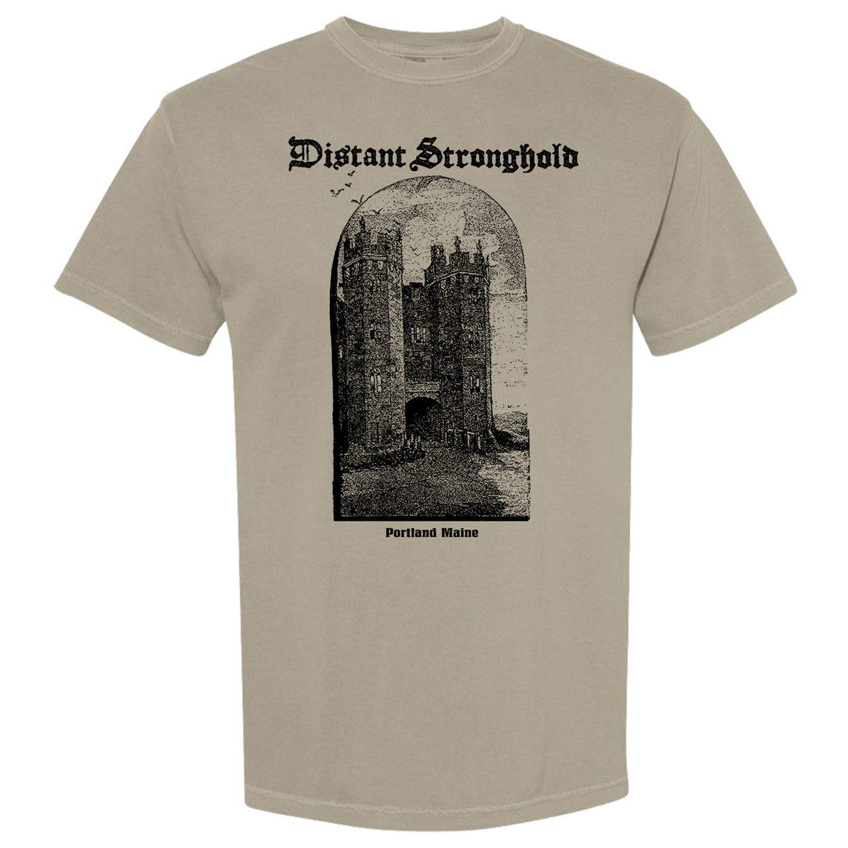 A beige crewneck t-shirt featuring a black graphic print of Portland Maine's Distant Stronghold castle under the gothic-style text 'Distant Stronghold'.