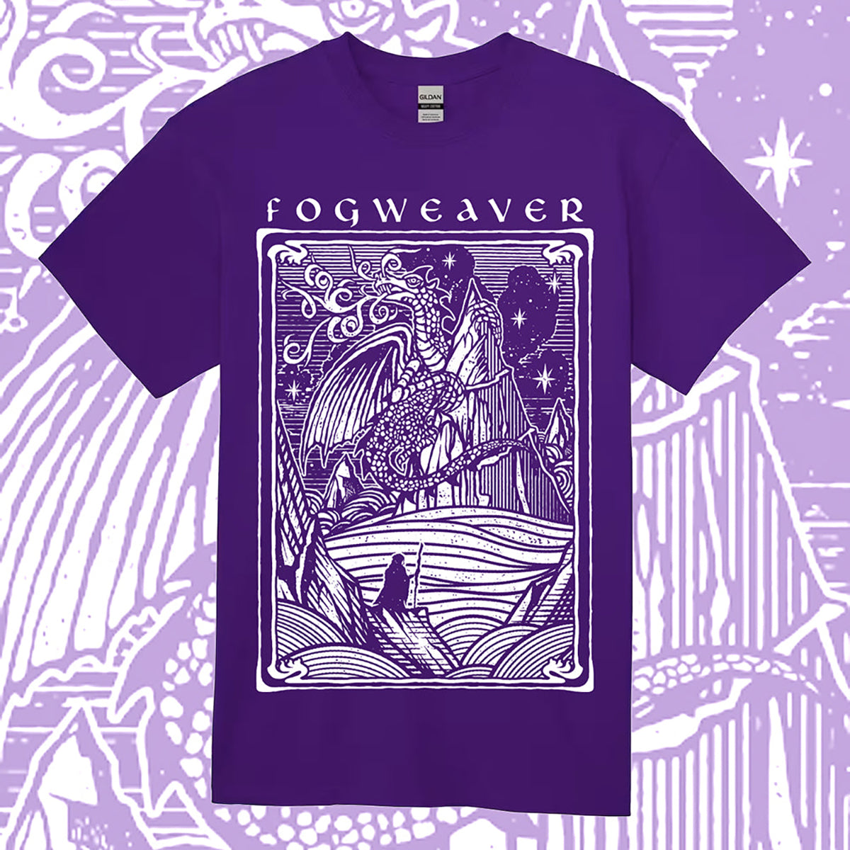 Fogweaver T-shirt, white ink on dark purple shirt, front