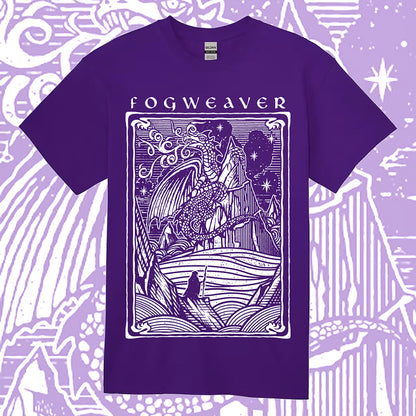 Fogweaver T-shirt, white ink on dark purple shirt, front