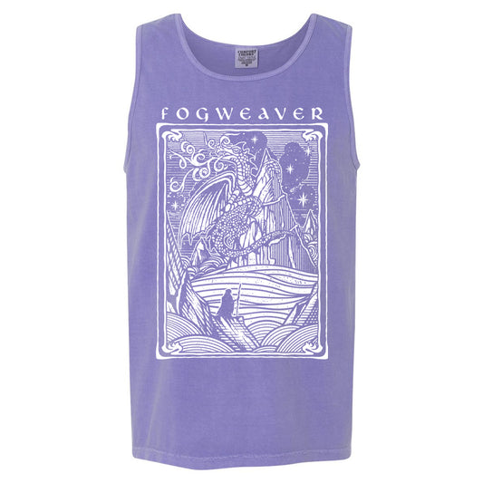 Fogweaver tank top, white ink on purple shirt, front