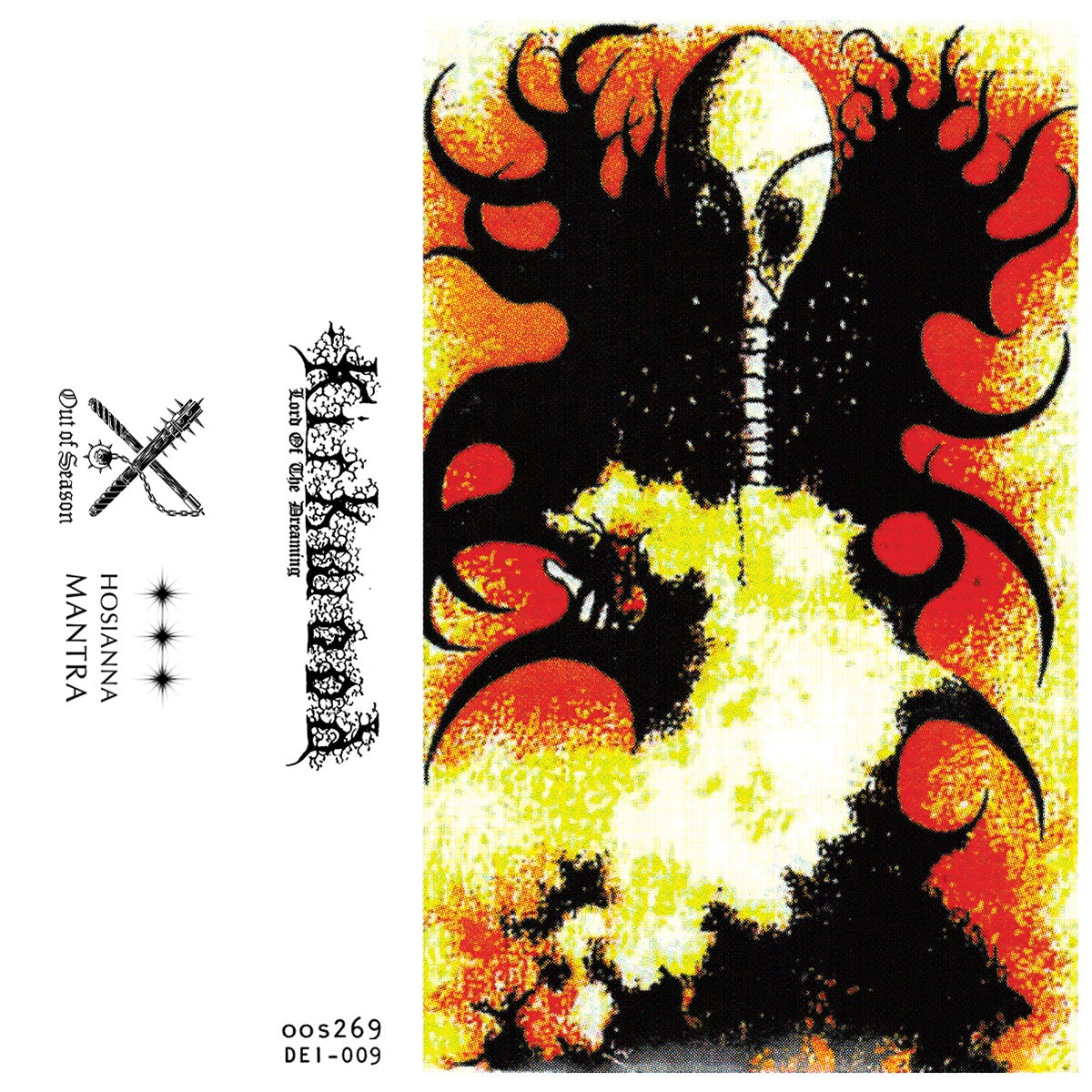 Artistic depiction of a rooster with flames on a fiery background, featuring the brand 'Hosanna Mantra'.