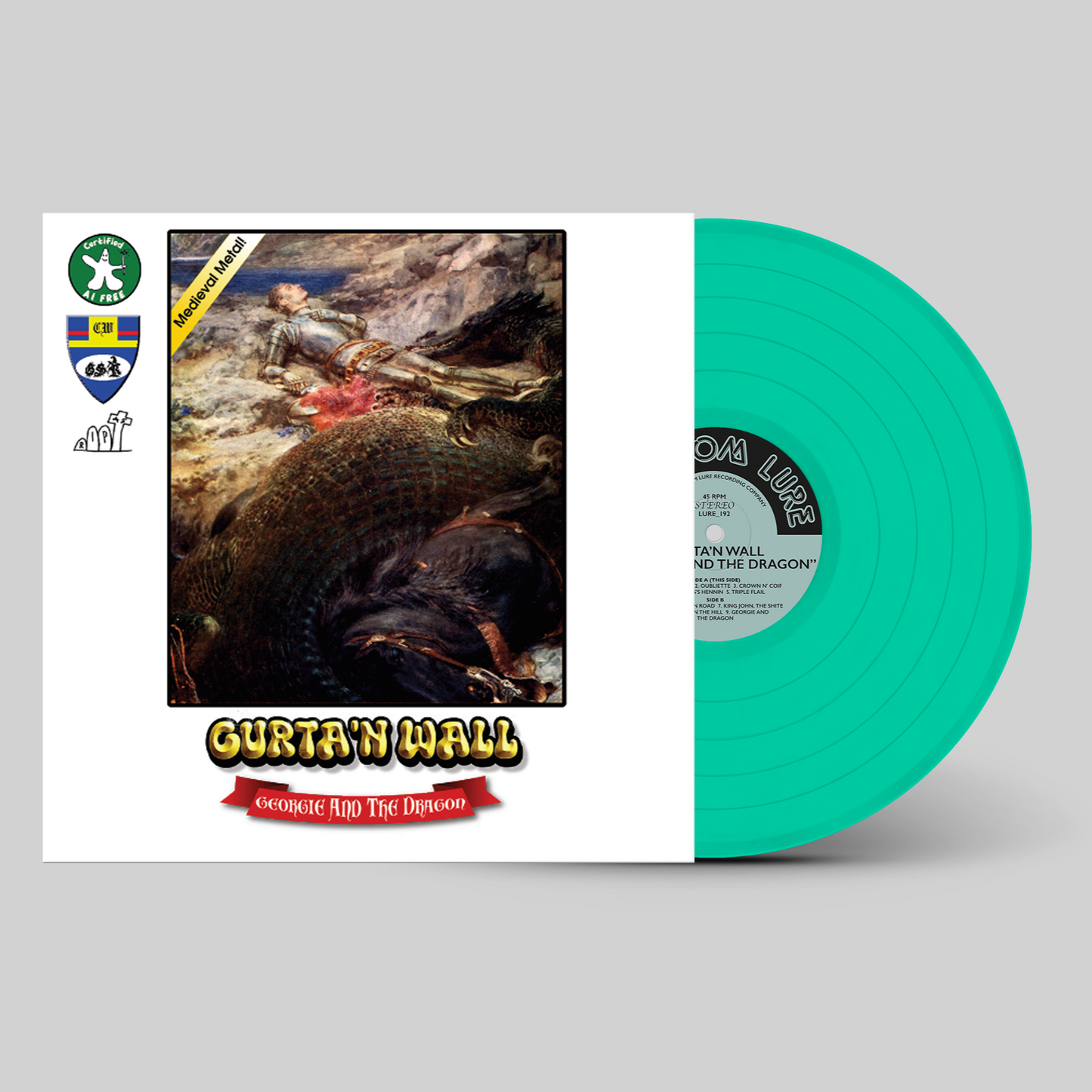 Vinyl record with a cover featuring a dragon and text on a gray background