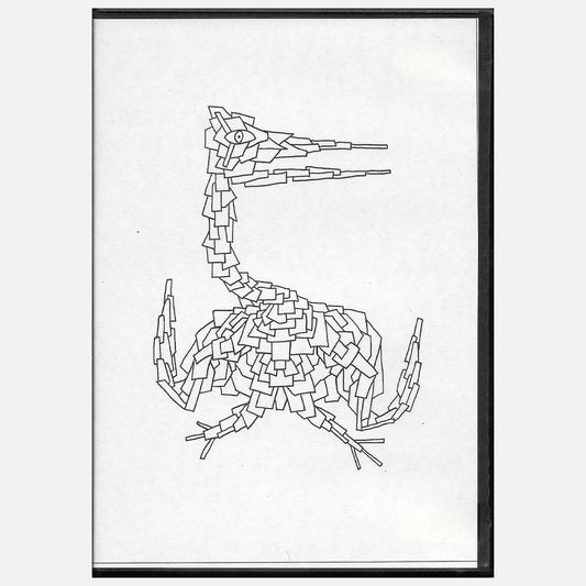 Framed black and white abstract art of a bird on a white background