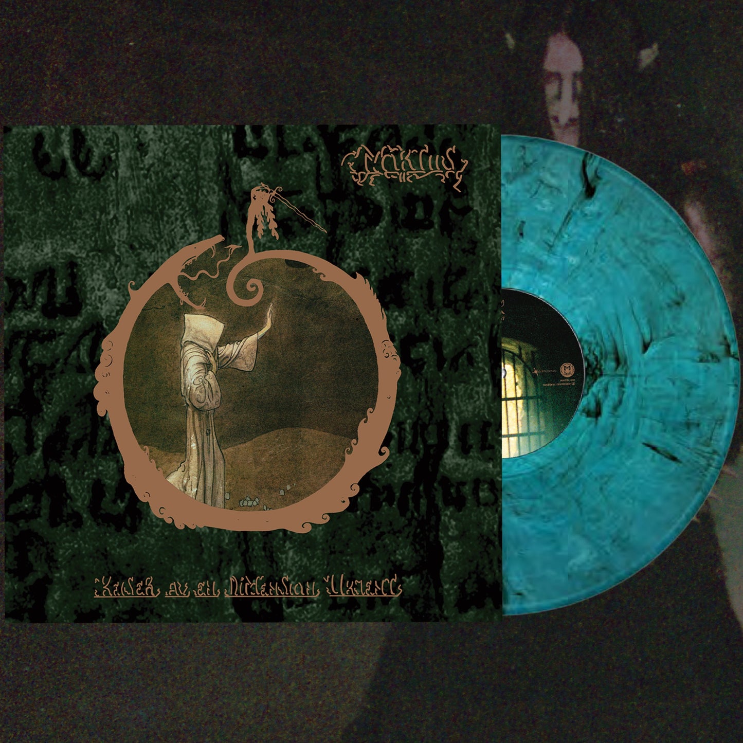 Vinyl record with a dark green cover featuring an illustration and text.