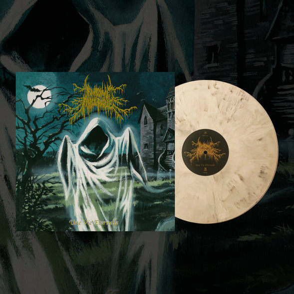 Vinyl record with a haunting cover featuring a ghostly figure and haunted house.