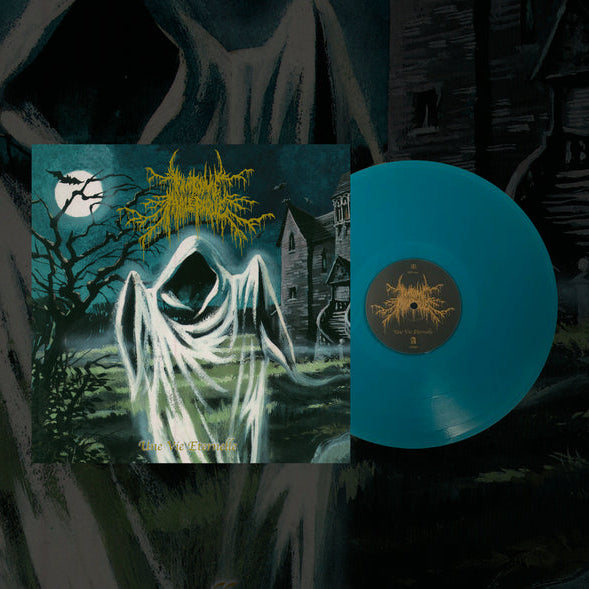 Vinyl record with a haunting cover featuring a ghostly figure and haunted house.