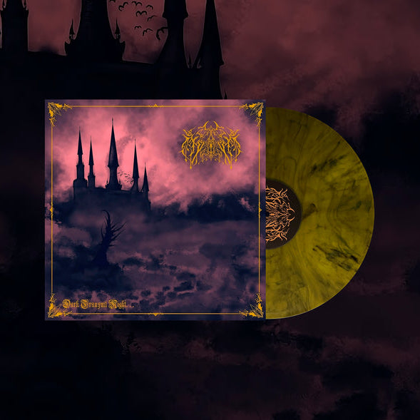 Vinyl record with a dark, gothic castle design on the cover against a purple sky.