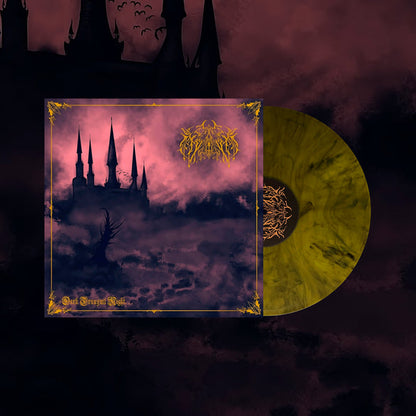 Vinyl record with a dark, gothic castle design on the cover against a purple sky.