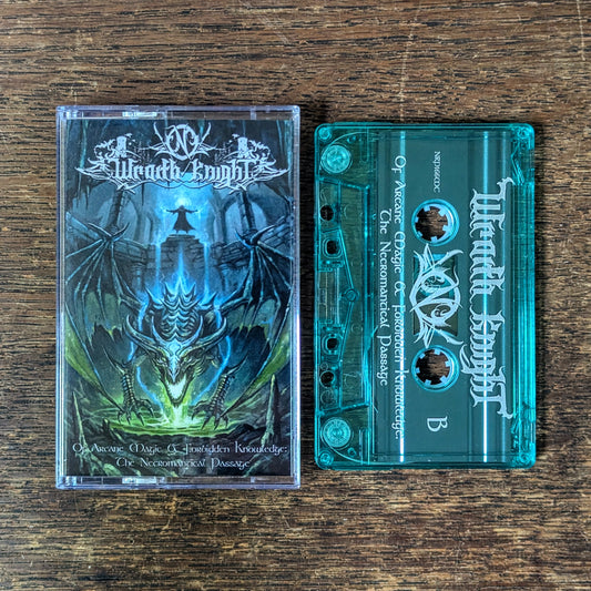 A music release showing a clear plastic cassette tape and its printed jewel case on a dark wood surface. The artwork features a blue and green dragon over a castle.