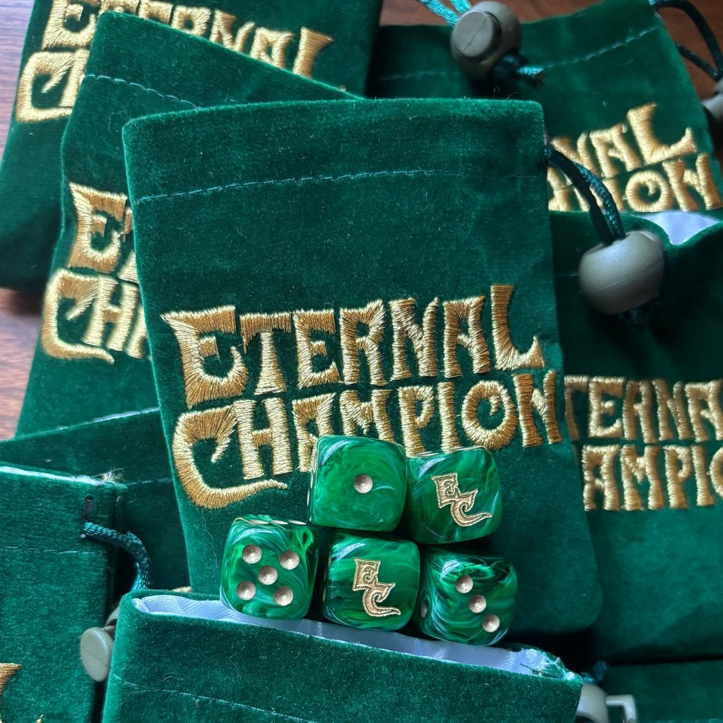 ETERNAL CHAMPION 5x Dice Set with Embroidered Bag / Laser Engraved Logos [Green/Gold colorway]