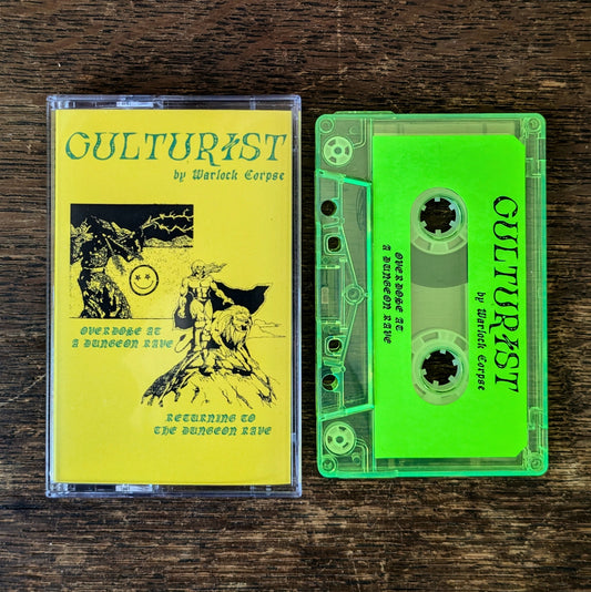 Cassette tape with yellow cover and green transparent casing on a wooden surface