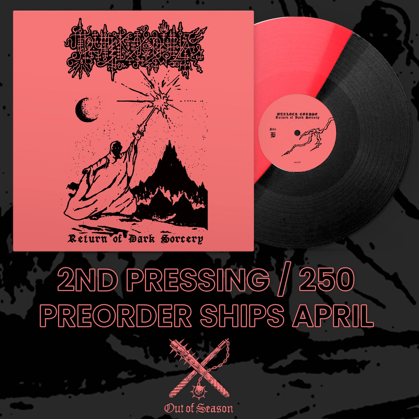 Vinyl record with pink cover featuring black artwork and text on a dark background