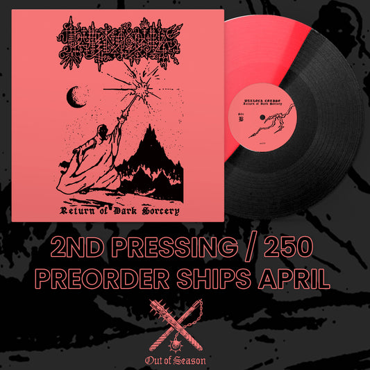 Vinyl record with pink cover featuring black artwork and text on a dark background