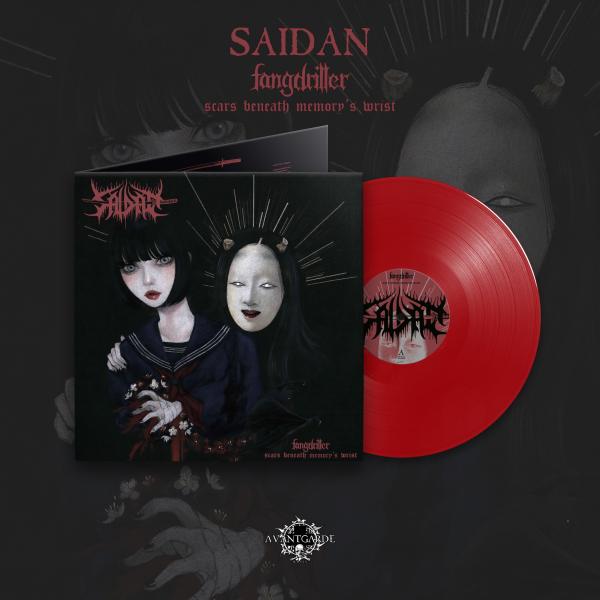 Vinyl record with cover featuring artistic design on a dark background