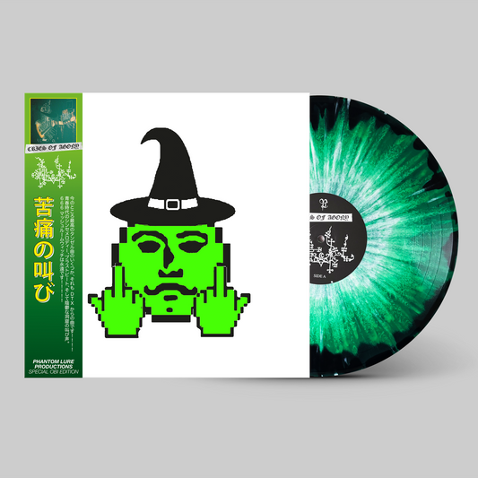 Vinyl record with green and black design on a gray background
