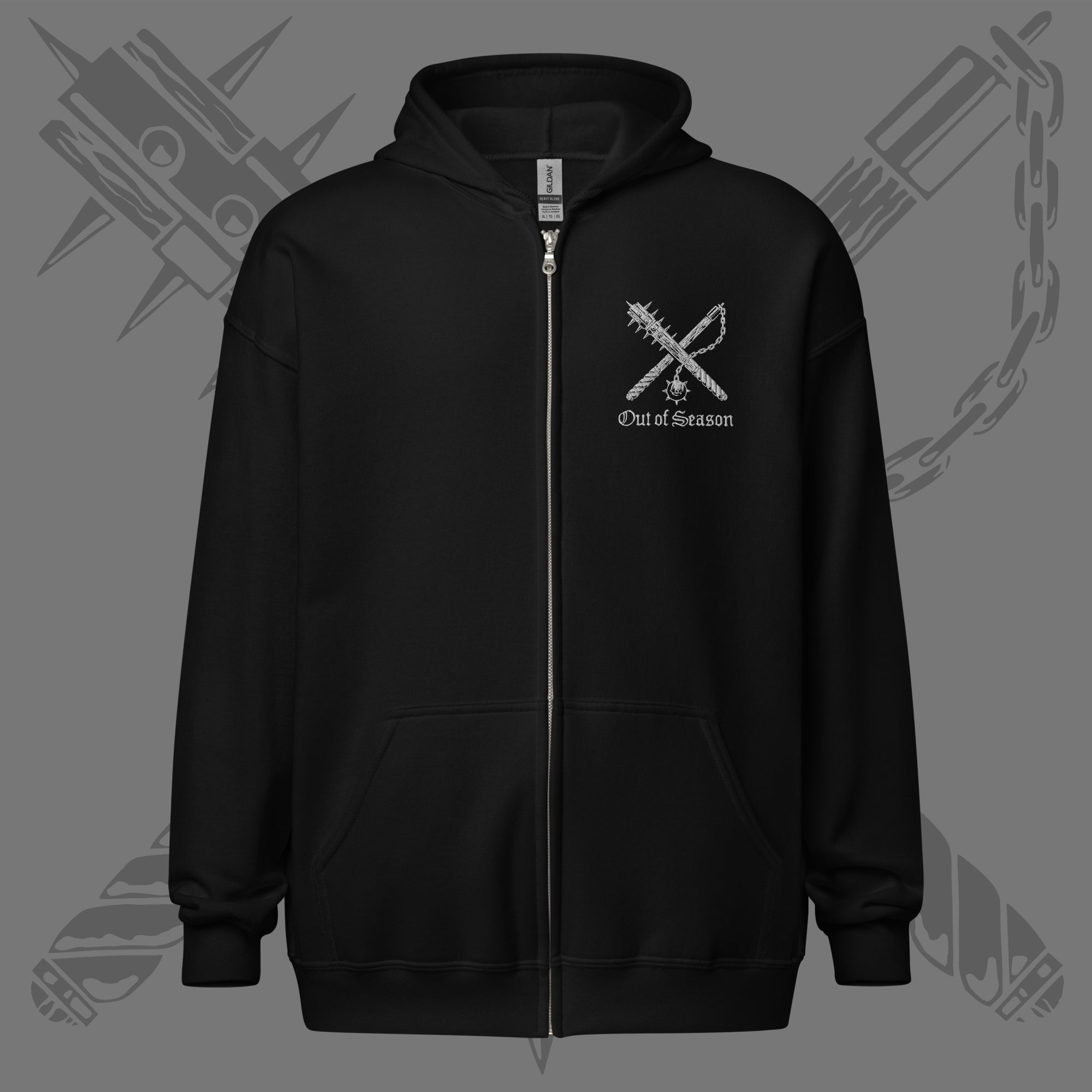 OUT OF SEASON Weapons Logo Embroidered Zip Hoodie Black WORLDWIDE Out of season weapons logo embroidered zip hoodie black worldwide