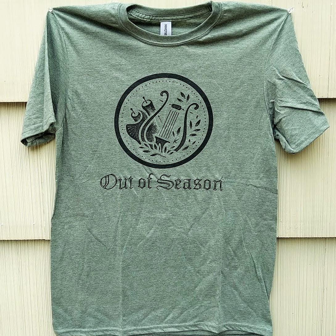 OUT OF SEASON "Scroll & Lyre" Logo T-Shirt [HEATHER ARMY GREEN]