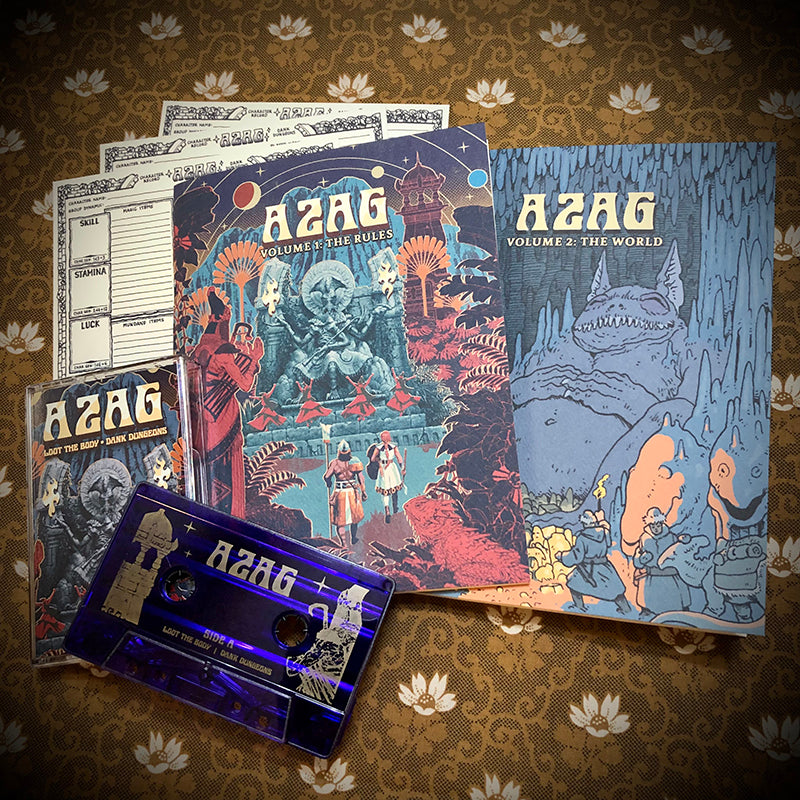 [SOLD OUT] AZAG by L.F. OSR [RPG Bundle - 2xBooks, 1xCassette Tape, 4xCharacter Cards]